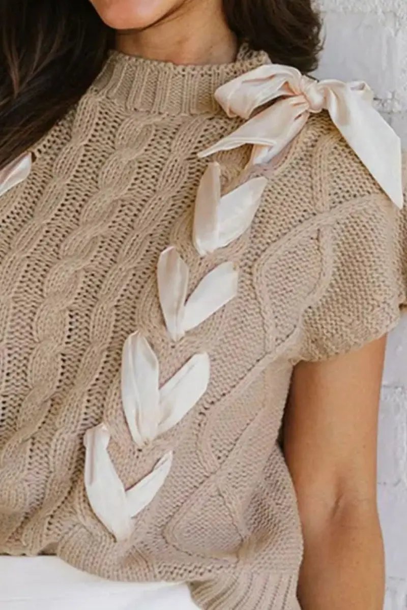 Cable-Knit Tied Mock Neck Short Sleeve Sweater - Love Salve